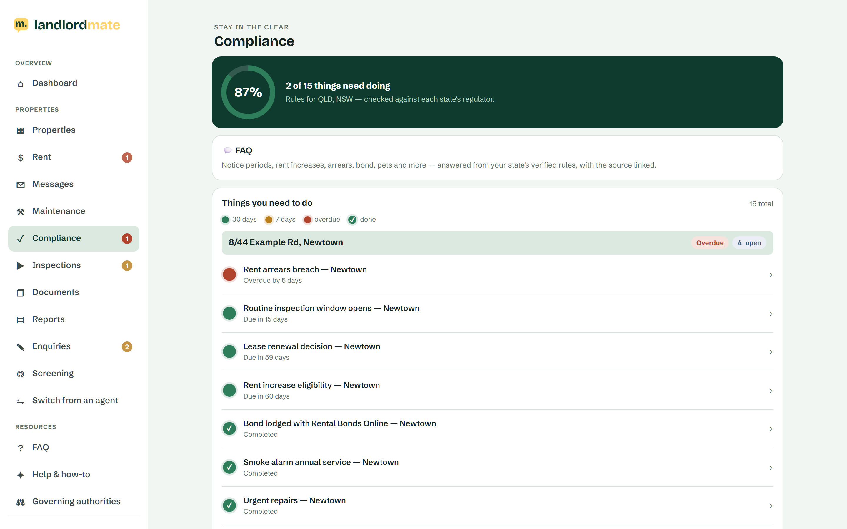 Compliance in LandlordMate — Every deadline, correct for your state.