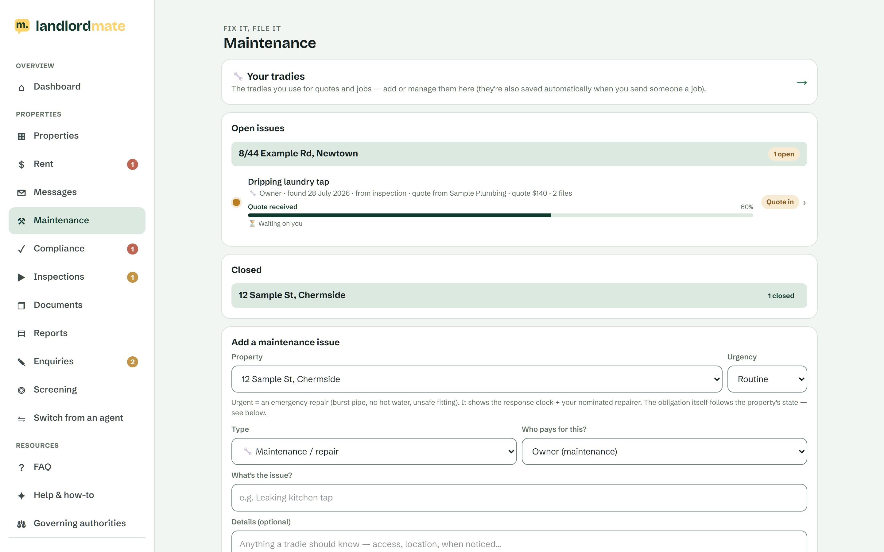 Maintenance in LandlordMate — Repairs on the record, tradies in the loop.