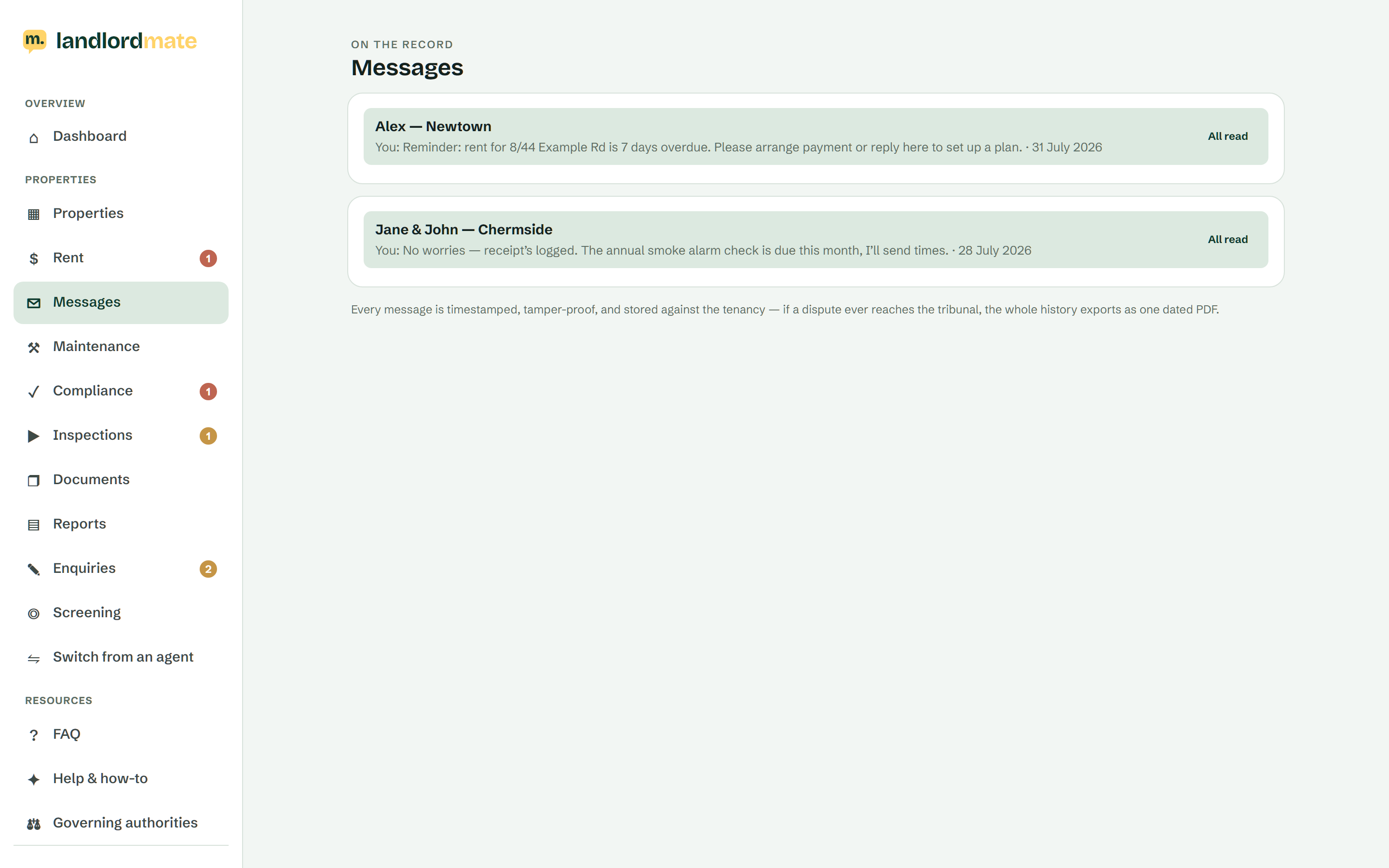Messaging in LandlordMate — Be the landlord without being the phone number.