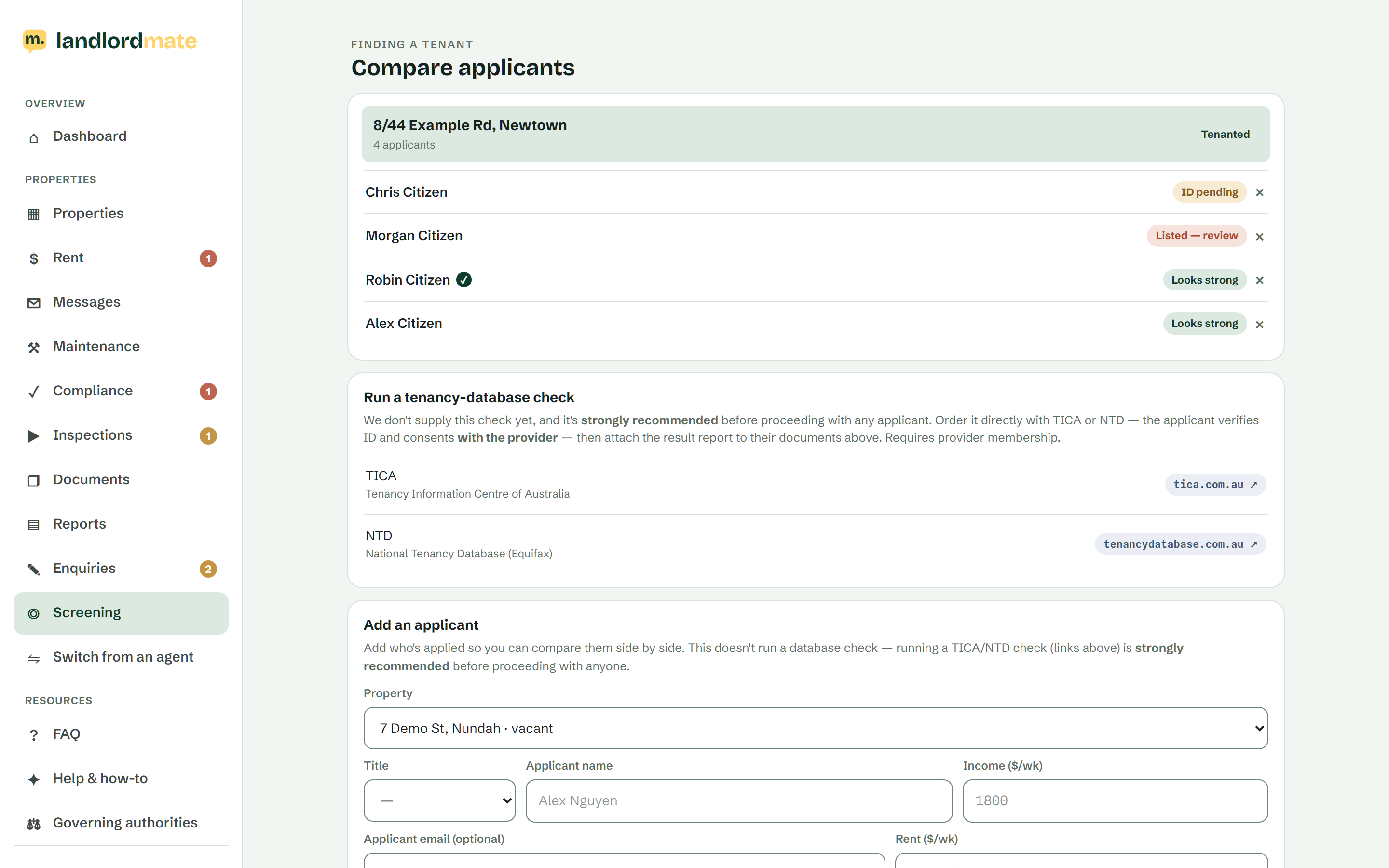Screening in LandlordMate — Compare applicants without the guesswork.